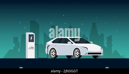 Chargeur de voiture électrique. Parking de charge de véhicule électrique intelligent avec câble de prise. Charge de transport électrique moderne électrifiée. Énergie de transport écologique se recharge sur fond de ville. Vecteur eps Illustration de Vecteur