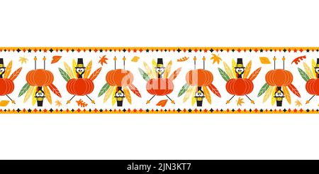Thanksgiving Day automne vacances fantaisie sans couture vecteur de bordure plate modèle. Joli motif dinde à motif de citrouille. Récolte d'automne tirée à la main Illustration de Vecteur