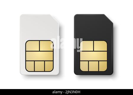Vector 3D Realistic, jeu de modèles de cartes SIM en plastique blanc et noir isolé. Modèle de conception de carte SIM pour maquette, marquage. Vue de dessus Illustration de Vecteur