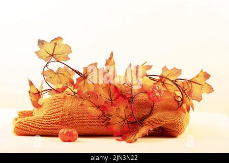 Composition d'automne. Chandail tricoté orange et feuilles d'automne Banque D'Images