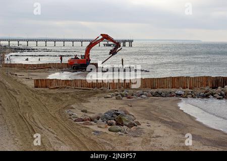 Zelenogradsk, Russie – 15 octobre 2016. Construction de coupe-eau à partir de troncs d'arbre sur le bord de mer. La machine s'accumule dans le sable Banque D'Images