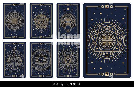 Cartes Tarot. Cartes d'astrologie arcana ou tatouage rituel occulte. Cartes de Tarot pour la divination ou la cartomancy avec des signes vectoriels du maçon ésotérique, des symboles occultes et magiques du vecteur linéaire, des pentagrammes satan Illustration de Vecteur
