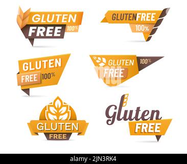 Icônes, étiquettes et bannières alimentaires sans gluten. Étiquette de produit biologique de céréales agricoles, nutrition saine et icône vecteur sans allergène avec oreille de blé ou de seigle. Qualité des repas végétaliens et étiquette sans gluten Illustration de Vecteur