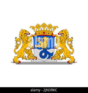 Blason néerlandais, emblème heralsec et héraldique de la province de Flevoland, symbole vectoriel. Blason royal de la province des pays-Bas avec sirène à lion, écusson et cime de la couronne, emblème heralsec hollandais Illustration de Vecteur