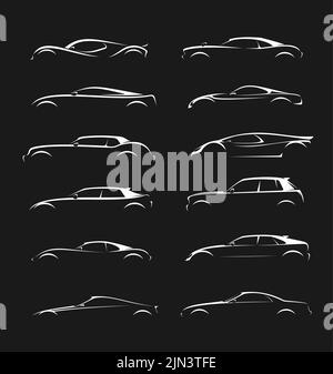 Silhouettes de voitures futuristes, véhicule de supercar ou icônes vectorielles d'automobiles futures. Supercar ou sportcar et symboles futuristes de la technologie automobile de transport ou de course automobile Illustration de Vecteur