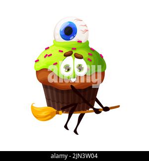 Dessin animé Halloween cupcake sur le personnage de vecteur de balai. Boulangerie traditionnelle festive avec globe oculaire. Adorable personnage de sorcière à muffins effrayant avec garniture verte et arrosez, bonbons pour enfants, astuce ou fête de gâteries Illustration de Vecteur