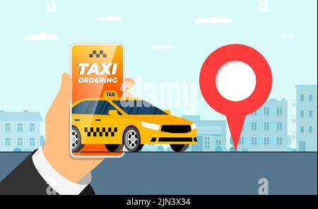 Concept d'application de commande de taxi mobile. Cabine jaune à commander en ligne. Smartphone portable avec géolocalisation gps, code PIN, adresse d'arrivée sur la rue de la ville. Application Web get taxicab. Bannière Vector eps Illustration de Vecteur