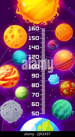 Tableau de hauteur Galaxy pour enfants, planètes et étoiles de l'espace de dessin animé. Mesure de la croissance vectorielle échelle de l'autocollant mural pour la mesure de la hauteur des enfants. Univers, cosmos extérieurs avec système solaire brillant ou planètes fantaisie Illustration de Vecteur