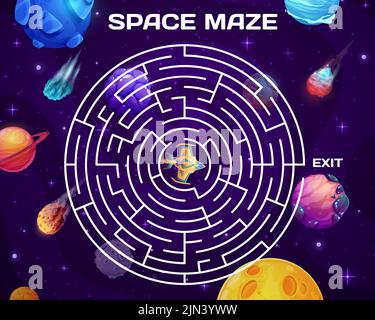 Labyrinthe labyrinthe. Comètes spatiales, astéroïdes et météores. Page de vecteur de livre de quiz pour enfants, activité de jeu éducative pour enfants ou feuille de travail d'énigme pour enfants d'âge préscolaire avec des planètes fantastiques de dessin animé dans la galaxie Illustration de Vecteur