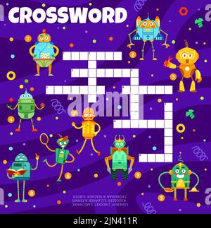 Dessin animé robots drôles, tableau de grille de mots croisés et trouver mot quiz, jeu vectoriel. Jeu de mots croisés pour deviner les androïdes de robot et les personnages de cyborg robotique comme shérif, fusée ou mécanicien et jongleur Illustration de Vecteur