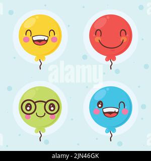quatre icônes d'émoticônes à hélium de ballons Illustration de Vecteur