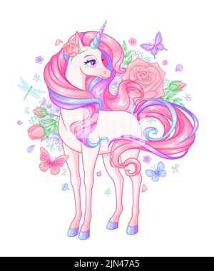 Belle licorne rose entourée de fleurs et de papillons. Illustration vectorielle de dessin animé. Illustration de Vecteur