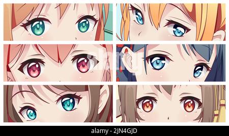 Anime manga yeux asiatiques. Concept de bande dessinée japonaise. Imprimés pour t-shirts. Illustrations vectorielles isolées Illustration de Vecteur