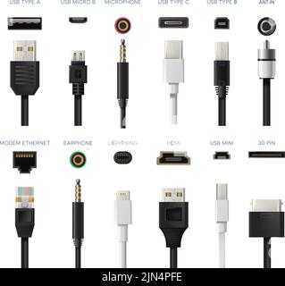 Types de connecteurs, fils et adaptateurs pour périphériques Illustration de Vecteur