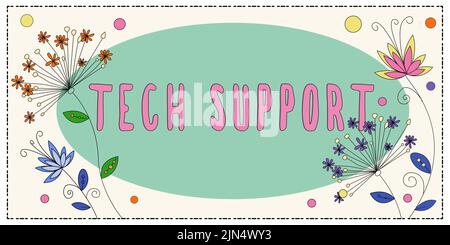 Rédaction affichant le texte support technique. Aperçu de l'entreprise aider les personnes qui ont des problèmes techniques cadre avec des feuilles et des fleurs autour Banque D'Images