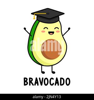 Bravocado pun. Le mignon kawaii Avocado célèbre la remise des diplômes. Joyeux personnage d'avocat avec un mortarboard universitaire. Carte de félicitations pour les diplômés. Vecteur Illustration de Vecteur