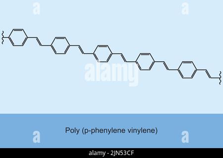 Structure chimique du polymère de poly (p-phénylène-vinylène) sur fond bleu. Illustration de Vecteur