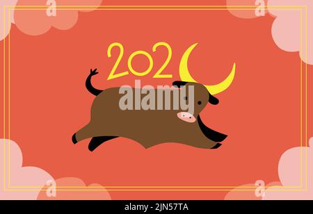 2021 année chinoise de la carte rouge de boeuf, saut de boeuf avec des cornes d'or Illustration de Vecteur