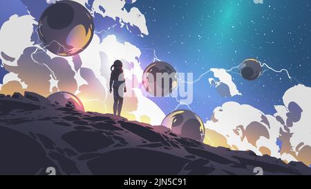 spaceman regardant les énormes sphères flottant dans l'air, le style d'art numérique, la peinture d'illustration Banque D'Images