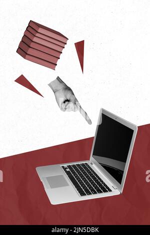 Collage 3D image de pinup pop rétro esquisse de doigt pointant dispositif moderne isolé peinture arrière-plan Banque D'Images