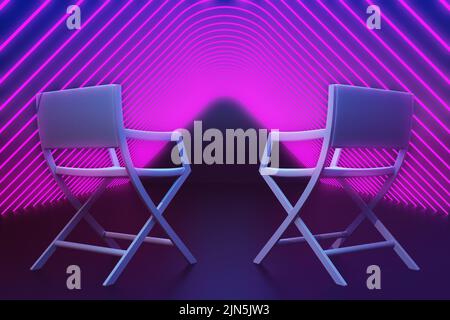 deux chaises vides dans un couloir au néon. 3d rendu Banque D'Images
