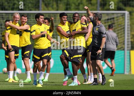 Firo : 9 août 2022, football, 1st Bundesliga, saison 2022/2023, BVB, Borussia Dortmund, entraînement, nouvelle signature Anthony MODESTE, BVB de bonne humeur avec DAHOUD Banque D'Images