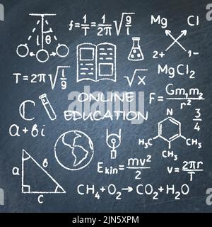 Bannière d'éducation en ligne sur le tableau noir. Formules écrites par Chalk. Apprentissage et science. Illustration vectorielle. Illustration de Vecteur
