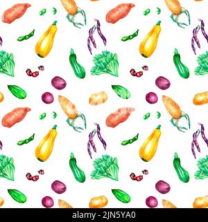 Variété de légumes colorés aquarelle motif sans couture sur blanc. Pommes de terre, haricots, concombres, feuilles de légumes, courgettes peintes à la main. Légumes pour Banque D'Images