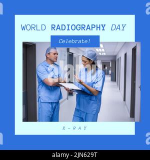 Composition du texte de la journée mondiale de la radiographie sur divers chirurgiens discutant Banque D'Images