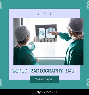 Composition du texte de la journée mondiale de la radiographie sur divers chirurgiens discutant de la radiographie Banque D'Images