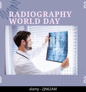 Composition du texte de la journée mondiale de radiographie sur le médecin de sexe masculin caucasien avec radiographie Banque D'Images