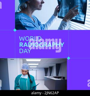 Composition du texte de la journée mondiale de la radiographie avec divers médecins sur fond bleu Banque D'Images