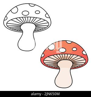 Noir et blanc vs champignon agarique de couleur. Pratique de l'écriture manuscrite. Jeu éducatif pour enfants, feuille de coloriage, feuille de travail imprimable. Voler agaric avec Illustration de Vecteur