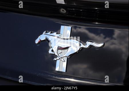 Cracovie. Cracovie. Pologne. Logo Ford Mustang galloping Horse à l'arrière de la voiture. Banque D'Images