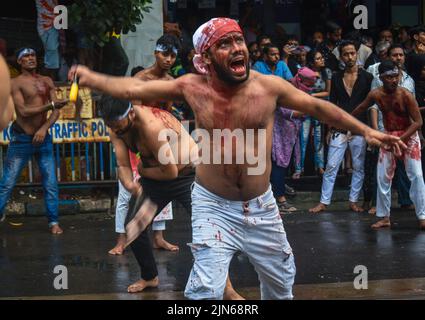 Kolkata, Bengale occidental, Inde. 9th août 2022. (NOTE AUX ÉDITEURS: L'image contient du contenu graphique) les musulmans chiites se flagelent lors d'une procession muharram marquant Ashura à Kolkata. (Credit image: © Sudipta Das/Pacific Press via ZUMA Press Wire) Banque D'Images
