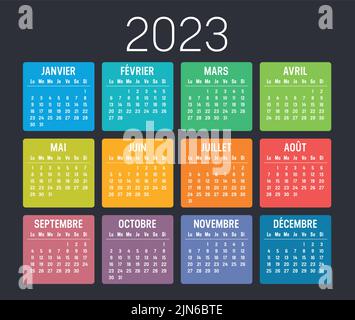 Année 2023 calendrier minimaliste coloré, en français, sur fond noir. Modèle vectoriel. Illustration de Vecteur
