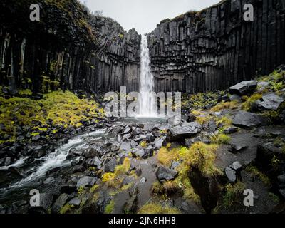 Vue de fond de la cascade Svartifoss dans le parc national de Skaftafell Banque D'Images