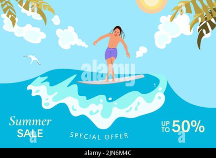 Une femme surfeuse fait le tour de la vague de précipitation barrée. Super Summer sale bannière colorée et lumineuse. Illustration Flat Art Banque D'Images