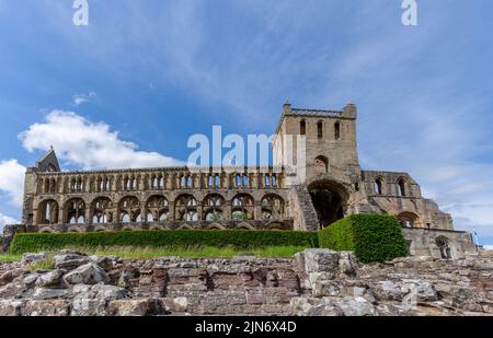 Jedburgh, Royaume-Uni - 18 juin 2022 : vue sur les ruines de l'abbaye de Jedburgh en Auguste Banque D'Images