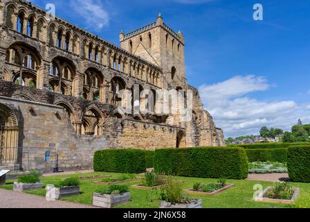 Jedburgh, Royaume-Uni - 18 juin 2022 : vue sur les ruines de l'abbaye de Jedburgh en Auguste Banque D'Images