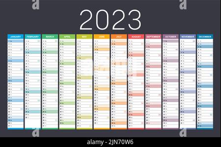 Calendrier mural coloré de l'année 2023, avec chiffres des semaines, sur fond sombre. Modèle vectoriel. Illustration de Vecteur