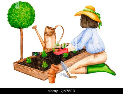 Travaux de jardin. Une femme plante des semis dans le jardin. Illustration aquarelle dessinée à la main isolée sur fond blanc, clipart dessinée à la main. Banque D'Images