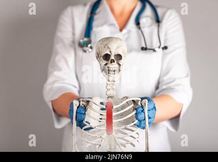 Médecin montrant le squelette humain avec le sternum rouge. Traumatisme, costocondrie, pneumonie conséquences. Anatomie du système squelettique, structure du corps, educ médicale Banque D'Images