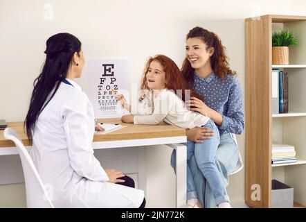 Petite fille drôle assise dans les bras de sa mère et s'amusant pendant l'examen par ophtalmologiste. Banque D'Images