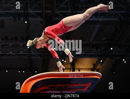 Munich, Allemagne. 09th août 2022. Gymnaste belge Maellyse Brassart photographié lors d'une session d'entraînement en vue des championnats d'Europe Gymanstiques à Munich, Allemagne, mardi 09 août 2022. La ce se déroule du 11 au 21 août. BELGA PHOTO ERIC LALMAND crédit: Belga News Agency/Alay Live News Banque D'Images