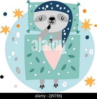 Animal endormi. Bébé heureux dormant sur la lune. Créatures de dessins animés rêvant dans le lit sous la couverture. Paresseux au dernier verre allongé sur la lune. Étoiles et planète Illustration de Vecteur