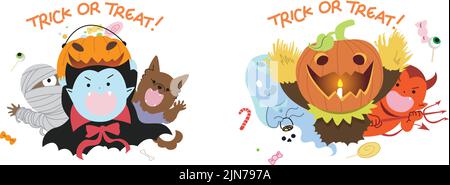 Halloween trick or Treat. Groupe de monstres enfants demandant des bonbons. Momie, vampire, loup-garou, fantôme, citrouille et diable. Illustration de Vecteur