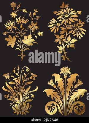 Un ensemble d'illustrations décoratives vintage de fleurs sauvages dorées. Illustration de Vecteur