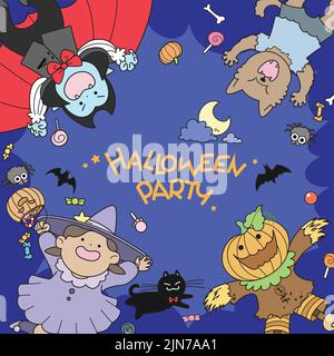 Carte de fête d'Halloween avec monstre enfants vecteur enfants avec costume d'Halloween. Personnages adorables de sorcière, vampire, loup-garou et Jack O'Lantern. Illustration de Vecteur