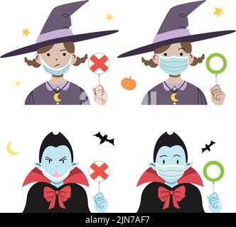 Comment porter correctement un masque pendant l'Halloween. Protection contre le coronavirus. Une sorcière et un vampire montrent comment porter un masque. Illustration de Vecteur